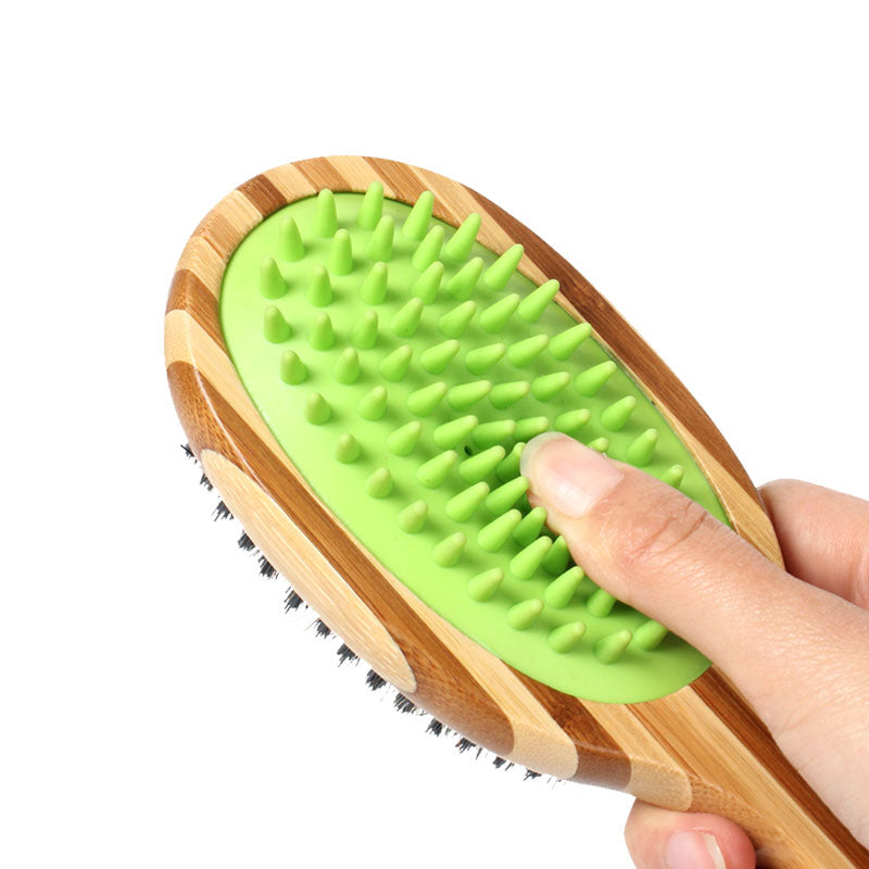 Double-Sided Bamboo Dog Brush with Silicone Massager