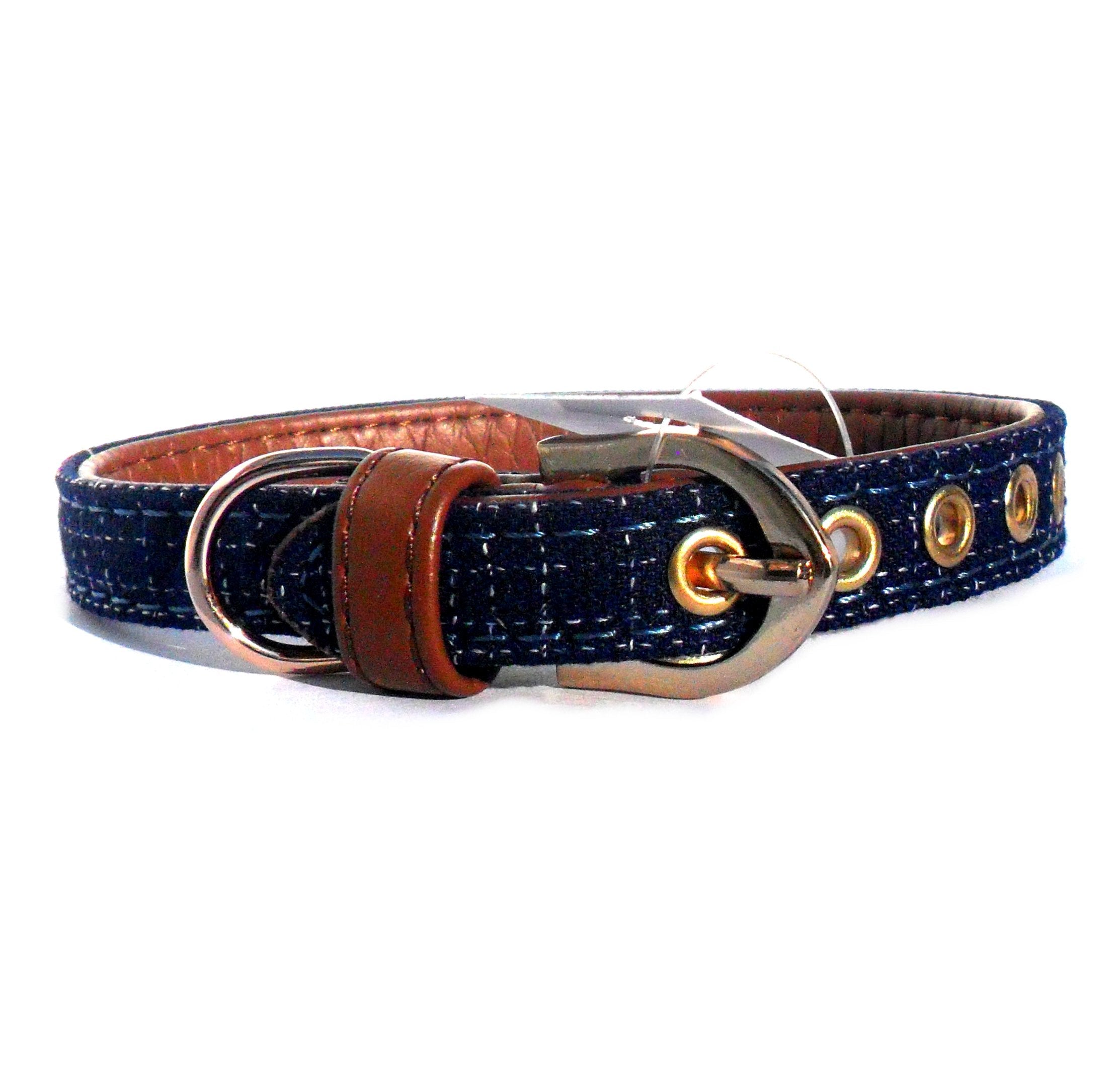 Designer Blue Fabric & Faux Leather Dog Collar
