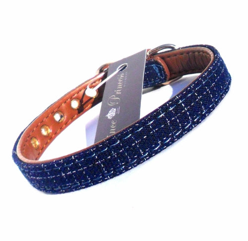 Designer Blue Fabric & Faux Leather Dog Collar