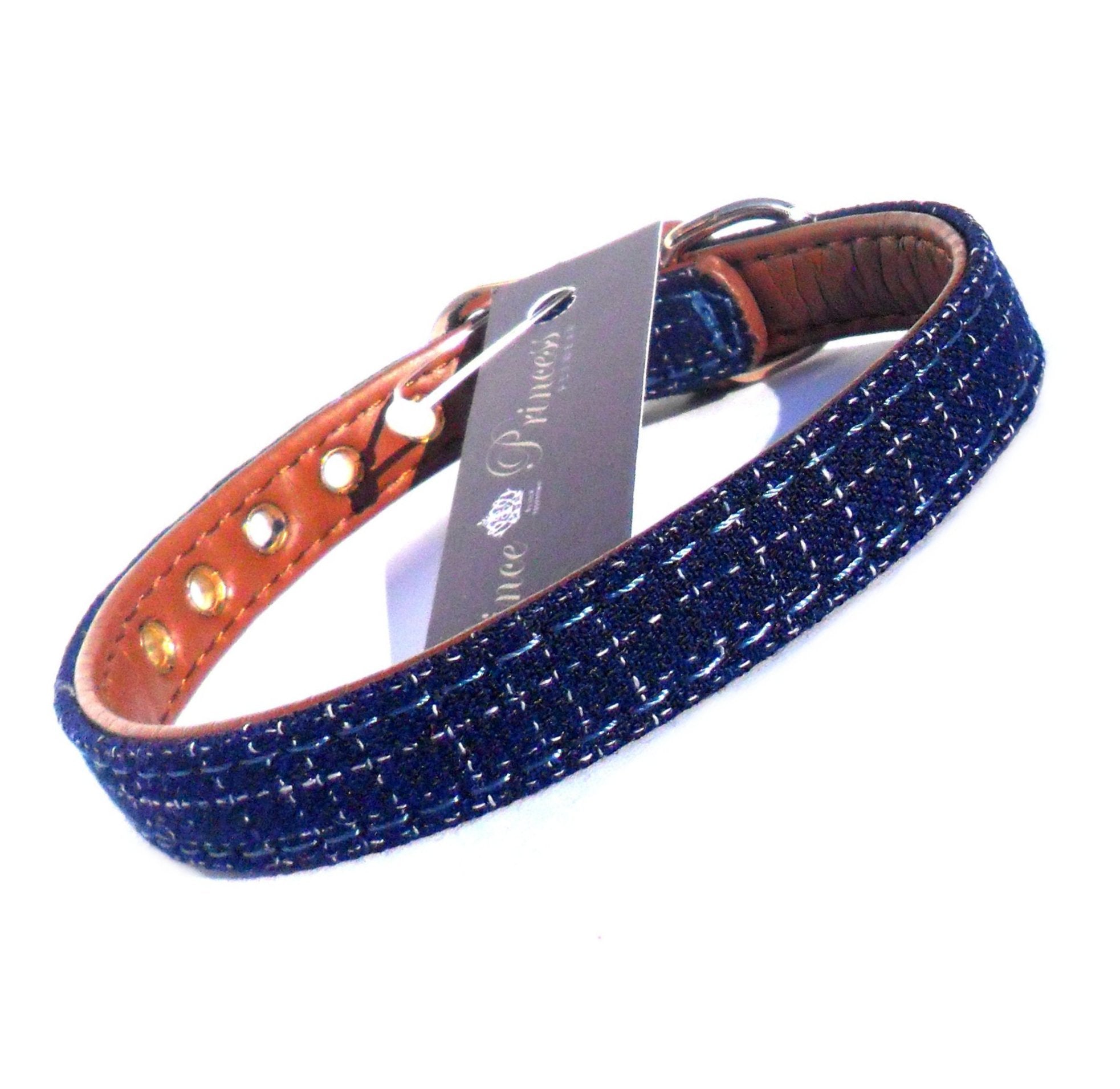 Designer Blue Fabric & Faux Leather Dog Collar